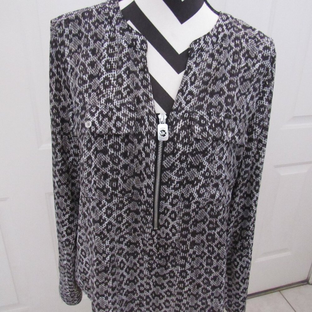 MICHAEL KORS Black/White Long Blouse Top Women’s Large Zipped Front